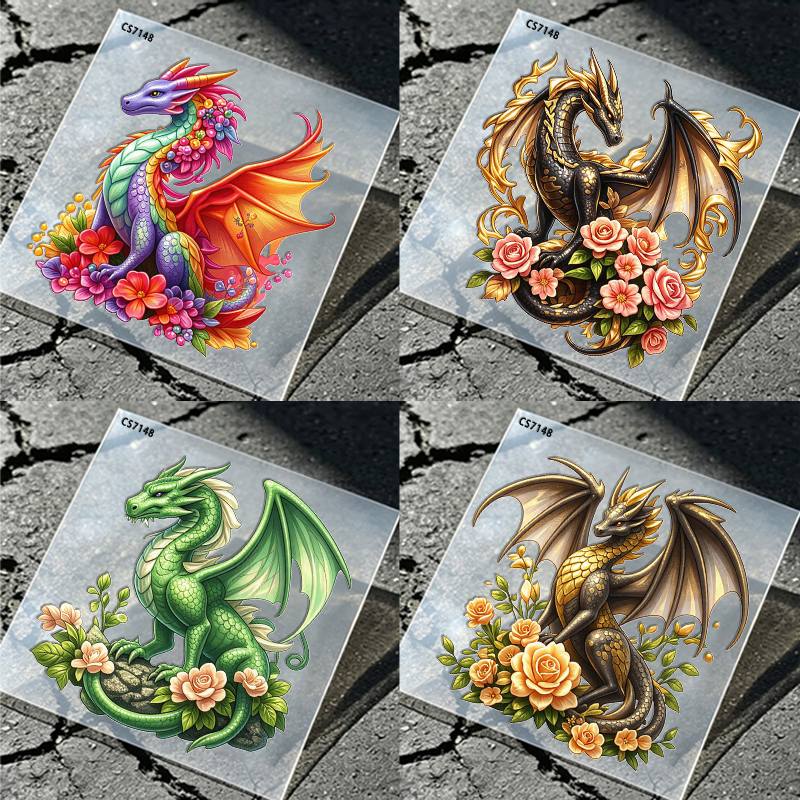TEMU 4 feuilles d'autocollants magiques Dragon Floral en Cristal, motif de Dragon Volant Fantaisie, Casque, Gobelet d'eau, Autocollants de Décoration