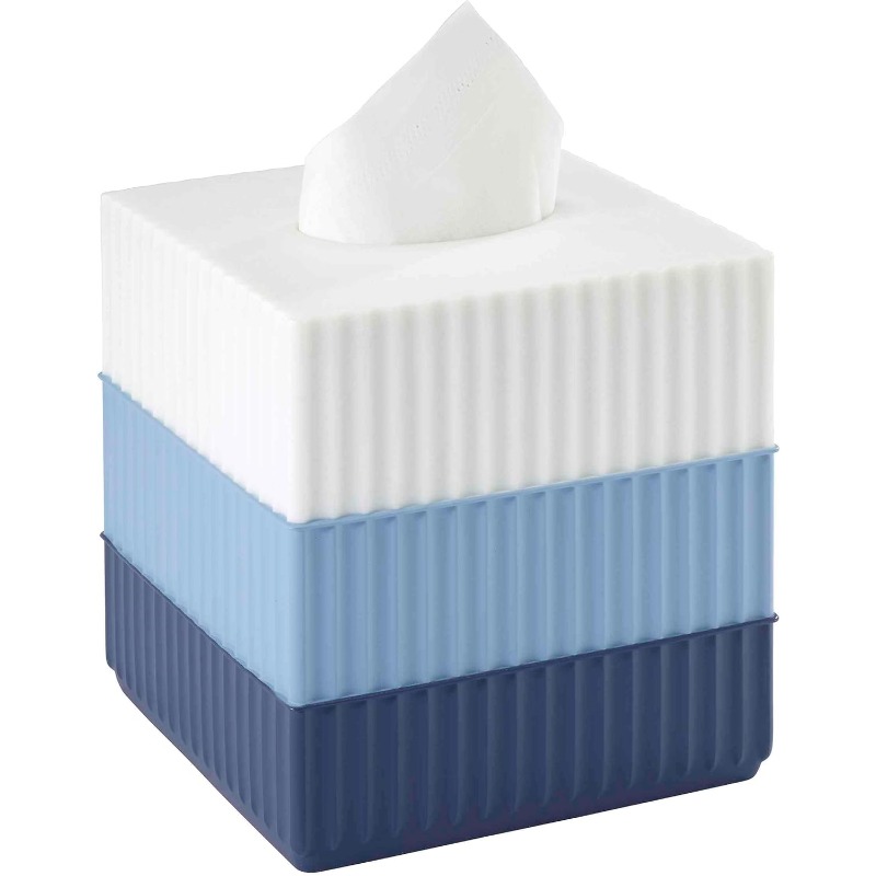 1pc modern resin tissue box cover - elegant   horizontal striped bathroom storage with rounded lid, durable & easy- , compatible with standard tissues, decorative organizer for countertop, dorm, or bathroom decor (light blue/white/navy blue) - 100% resin construction, wipe with damp cloth, sleek & stylish,   modern or minimalist decor, tissue holder bathroom Product details 2