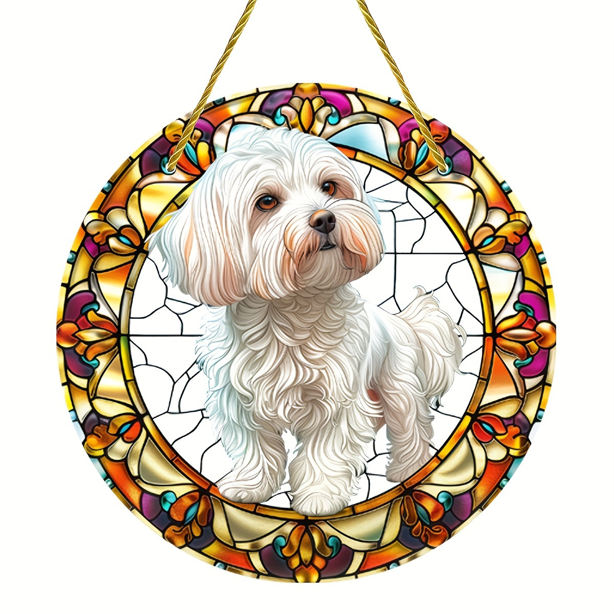TEMU 2d Flat - A 2d Maltese Dog Acrylic Stained - 8x8 Inch Round Plastic Animal-themed Window Hanging, Suitable For Indoor And Outdoor Decor, Perfect
