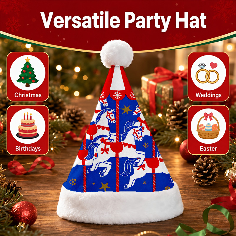 item picture carousel themed christmas hat with print red and blue color scheme accented with   festive celebration   suitable for christmas parties family   and winter celebrations ideal for party decorations and holiday