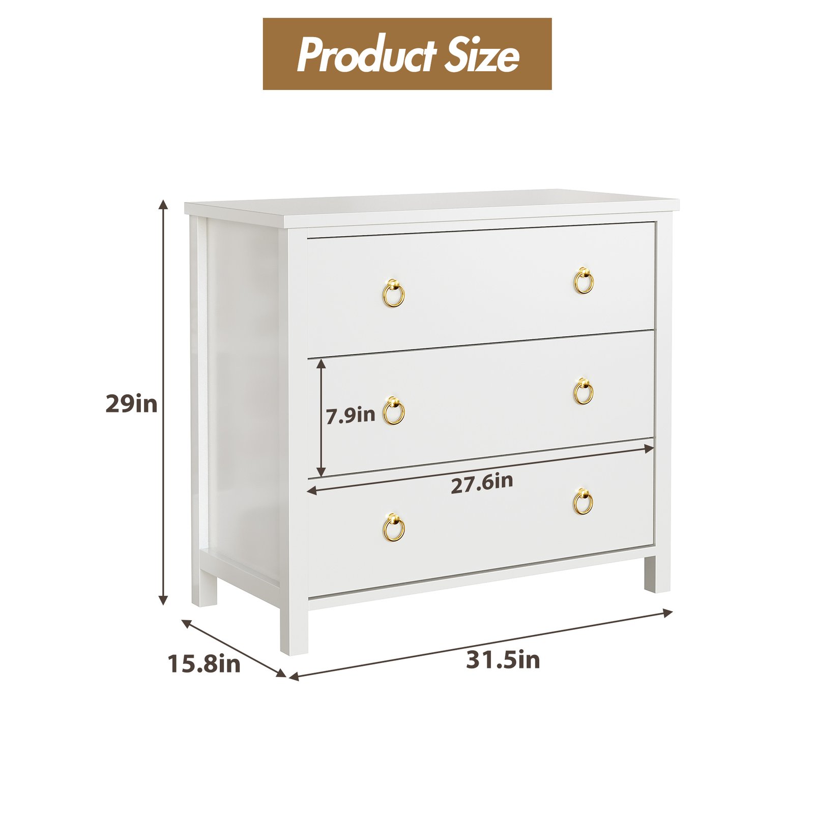 Image of Dressers With 3 Drawers, Night Stand With Golden Handles, Large Clothes Storage Cabinet For Bedroom, Living Room, Closet, White