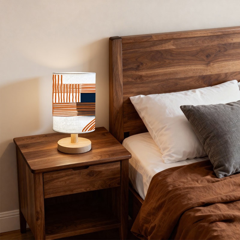 Modern Abstract Orange Blue Geometric Lines Wooden Table Lamp