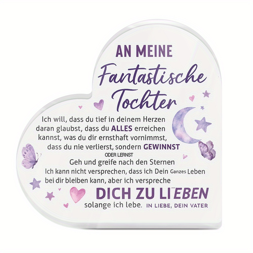 TEMU 2D Flach, 1 Stück PUTUO DECOR Deutsches Herzförmiges Acryl Tochter-Schild - Personalisierte Deutsche Nachricht Tischdeko mit "AN MEINE TOCHTER",