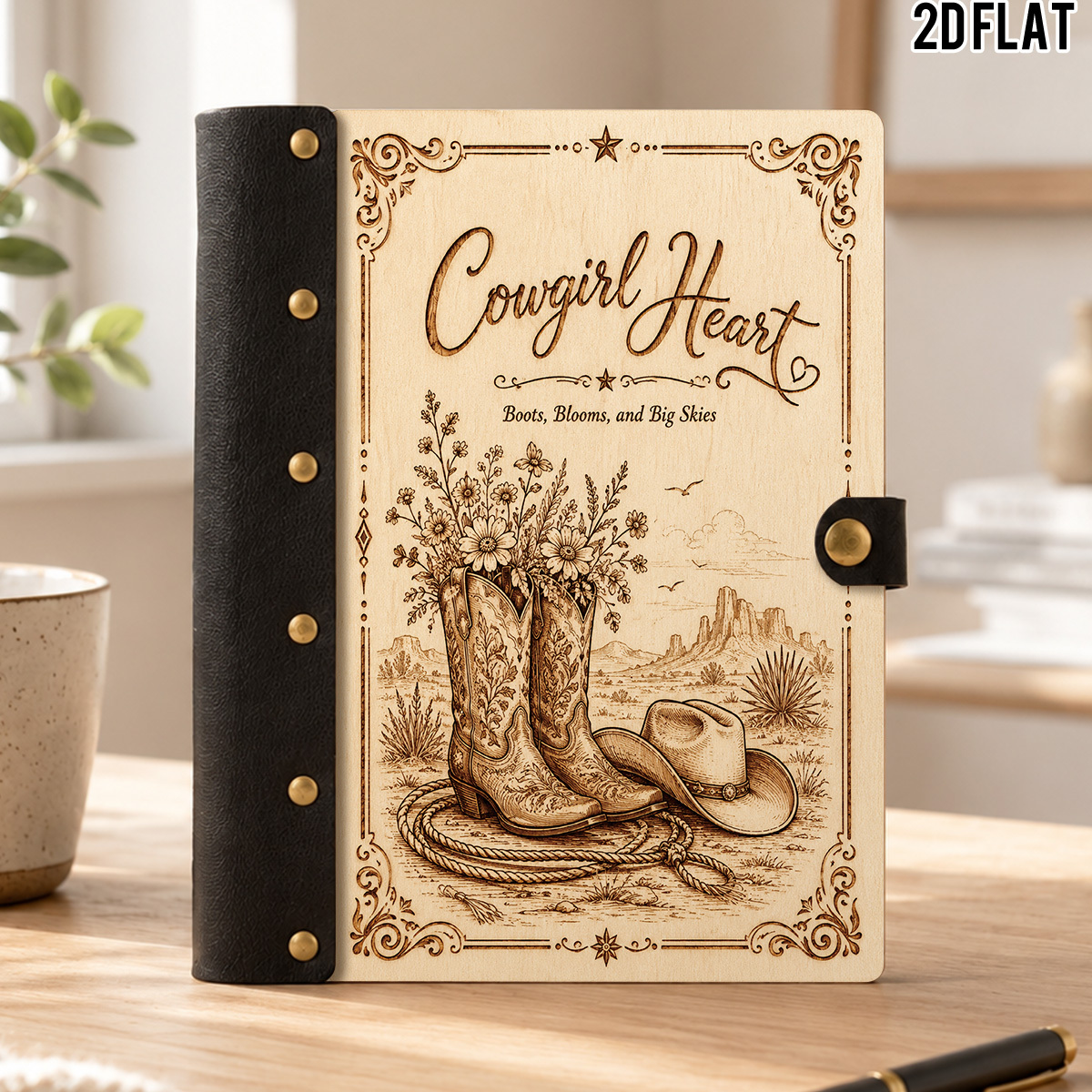 item picture 1pc 2d flat wooden notebook vintage engraved   western boot cover desert floral themed journal for cowgirl lovers daily use writing pad rustic western present