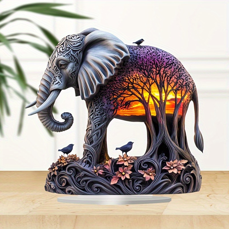 

2d Flat Bohemian Sunset And Elephant Decorations, Acrylic Material, Tabletop Style, 9x9 Inches