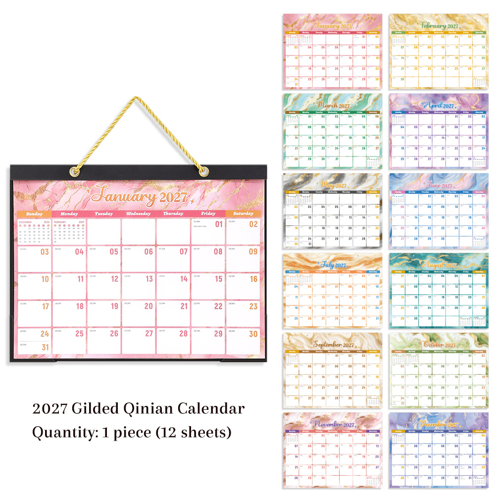 TEMU Calendrier mural doré coloré 2027, 12 mois de à décembre avec et papier robuste, pour la décoration de bureau à domicile, pages détachables et