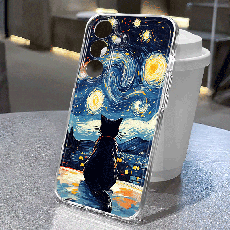TEMU Phone Case: Black Cat Starry Sky Cityscape Design A Completely Wrapped Tpu Phone For Galaxy S25/s24/s23/s22/s21 Ultra, Plus, Fe And