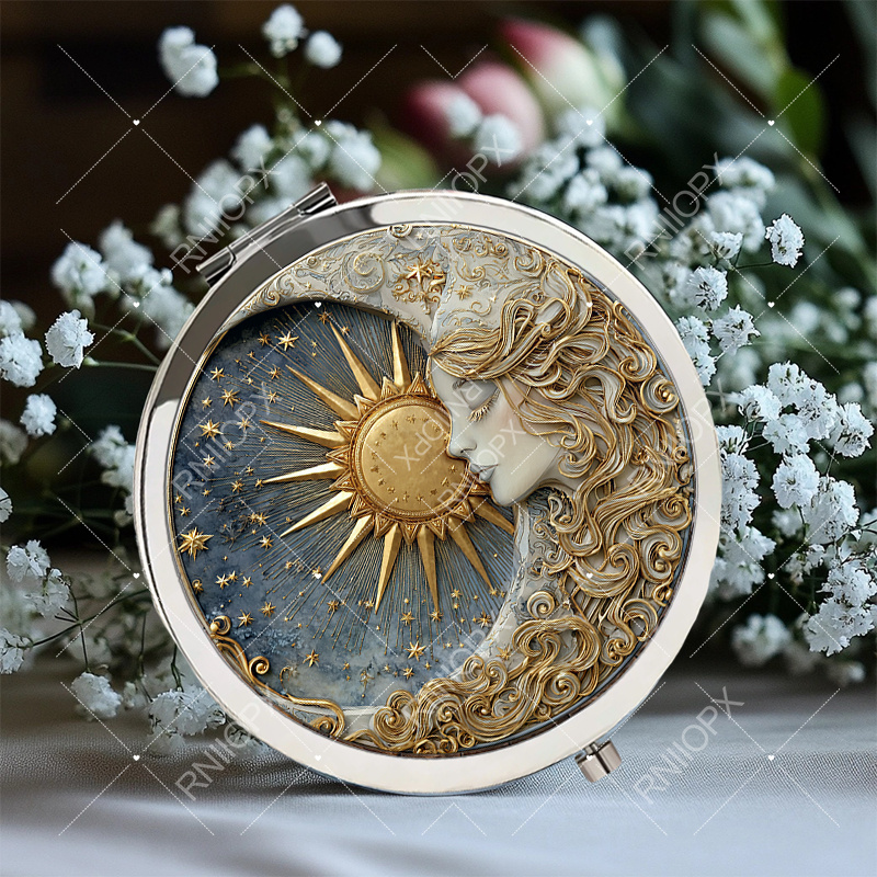 TEMU 1pc Portable Makeup Mirror Suitable For Women & - Compact Mirror With Elegant Woman Profile, & Moon, Polished, Starry Background For Travel,,