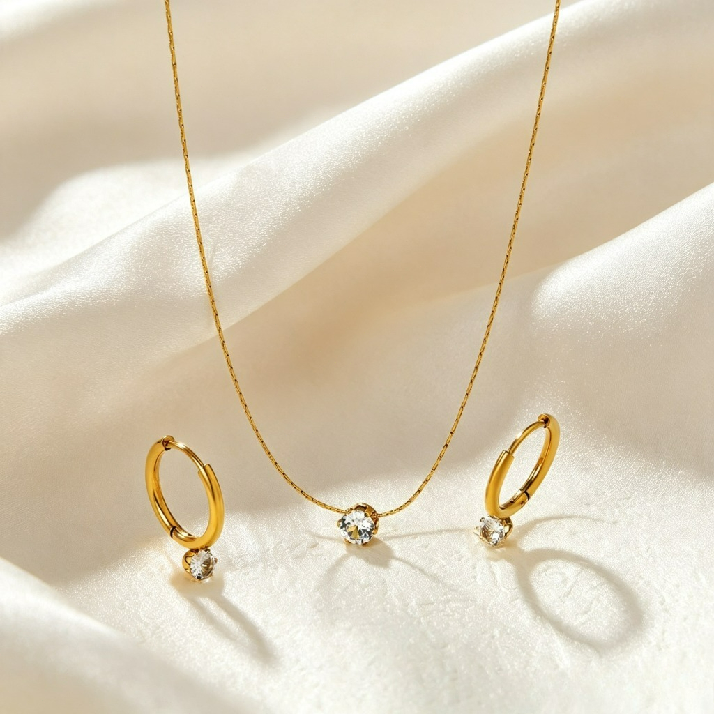 18K Gold-Plated Zirconia Necklace & Ear Cuff Set