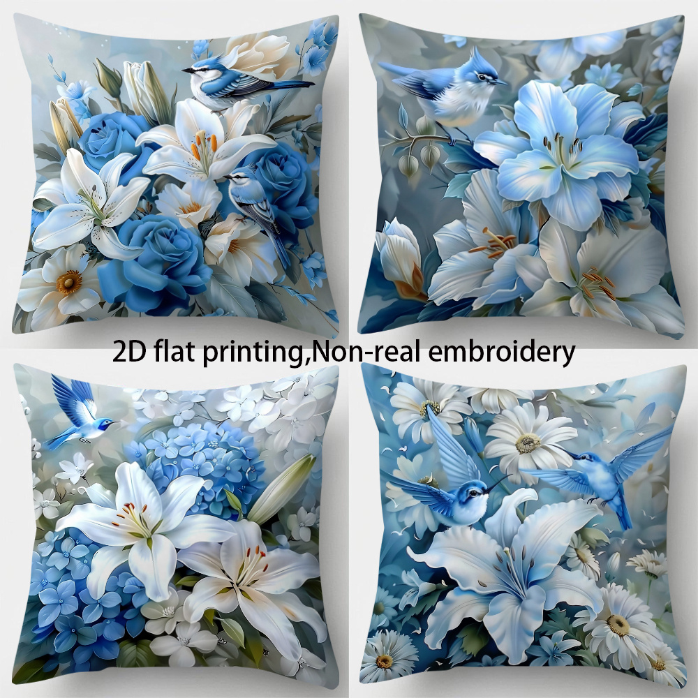 TEMU 2d Flat Printing 4pcs Set Non-real Embroidery Beautiful Blue And White Flower Bird Pillowcase 17.7 Inches X 17.7 Inches Single-sided Printing