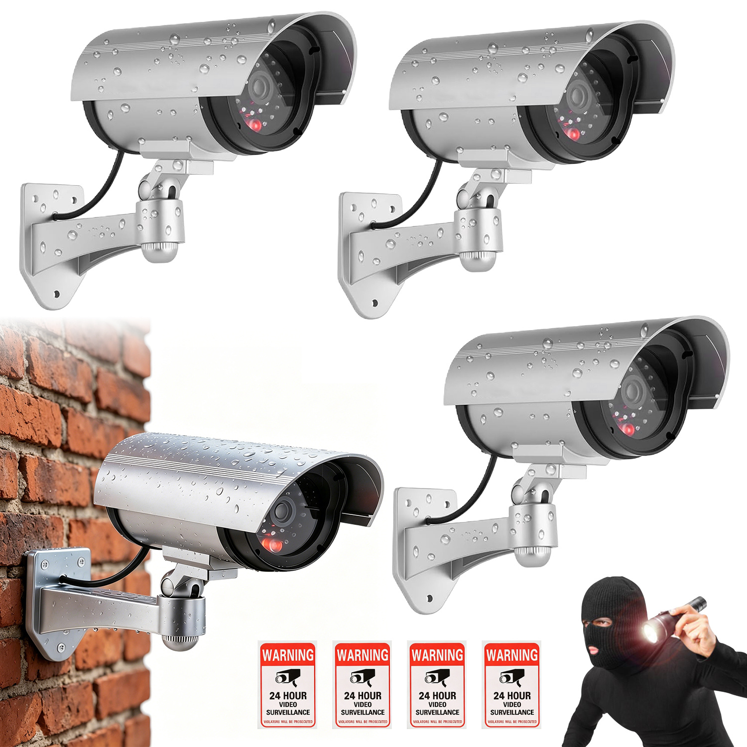 Image of Fake Cameras, Surveillance Housing Additions, Simulated Camera Monitoring System, With 4pcs Safety Warning Stickers, Suitable For Indoor And Outdoor Use (4-pack, Silver)