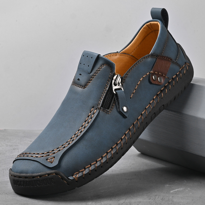 Image of Men's Plus Size Handmade Vintage Loafers, Slip-on Flat Shoes, Fashionable Men's Shoes, Stitching Random