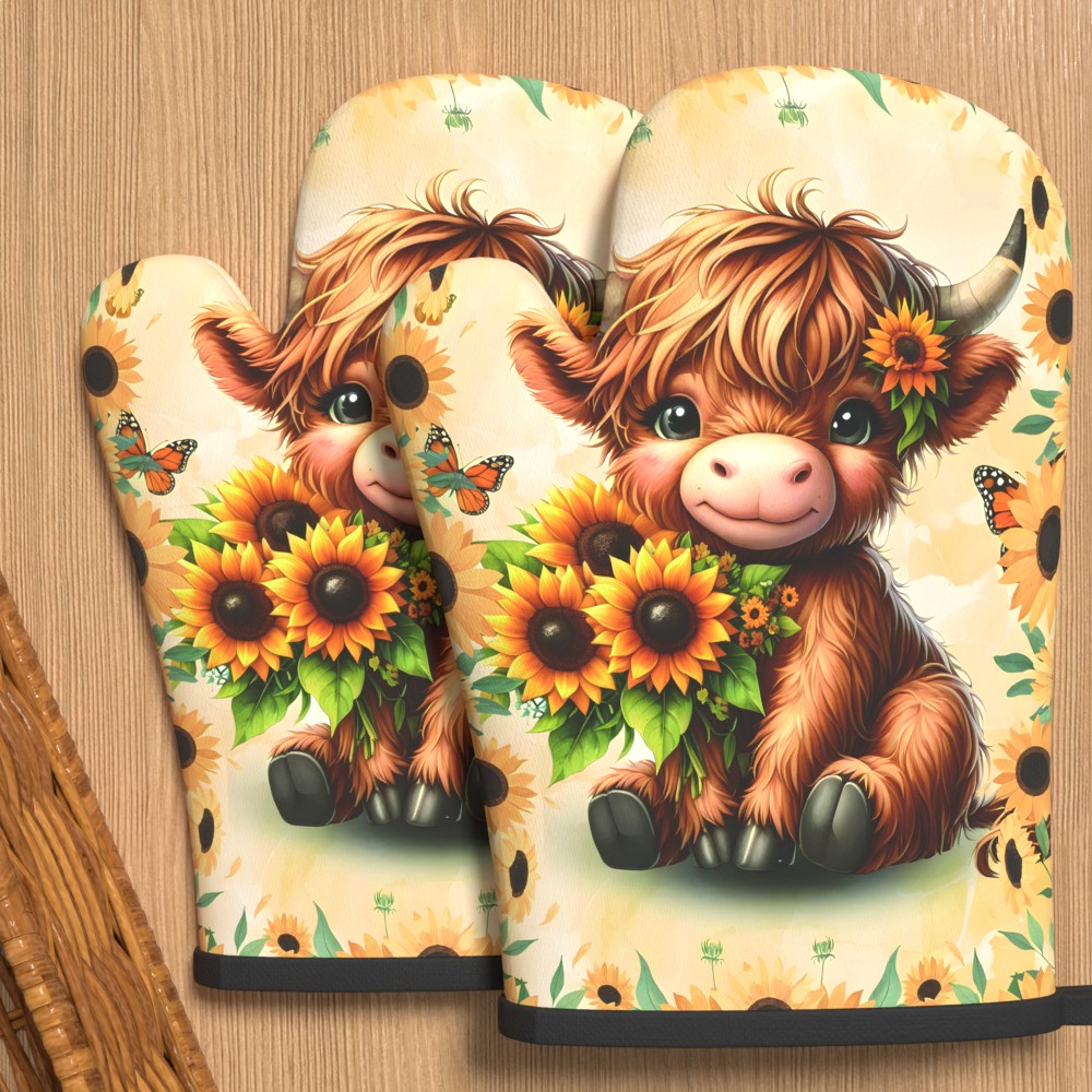 2pcs 10.6*6.7in Highland Cow Heat Resistant Non Slip Oven Mitts Suitable For Kitchen Decoration Cooking Grilling Baking Camping Warm Rustic Perfect Gift For Oven Camping Ps