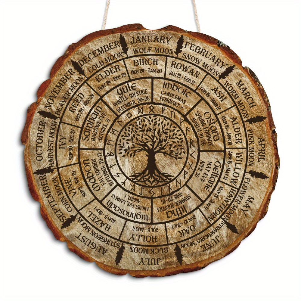 TEMU Plat 2D, 1 pièce Ornement à suspendre en bois avec motif de cernes d'arbre, phases de et constellation d'arbre - Décoration murale de style