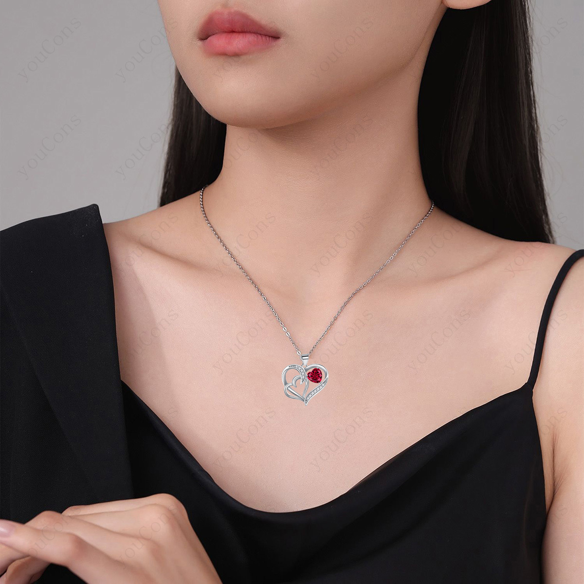 Red Synthetic Zirconia Double Heart Pendant Necklace Gift Set