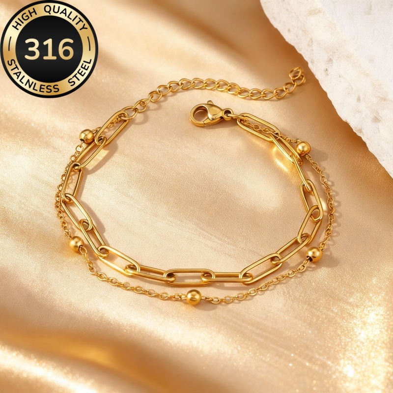 Image of Hypoallergenic 18k Golden Plated Steel Double-layer Bracelet For Women - Fade Resistant Minimalist Elegant Luxury Layering Jewelry, Exquisite Gift For On Valentine's Day & Anniversary