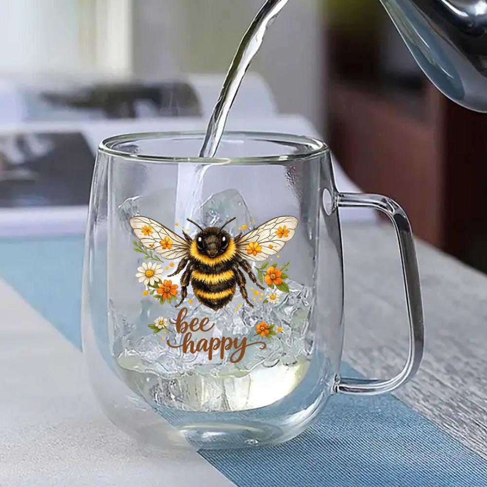 TEMU Iced Tea Glasses Bumble Bee And Printed Double Wall Glass Mug, Whimsical "" Insulated Handle Cup, Ideal For Hot And , Tea And Daily Beverages,