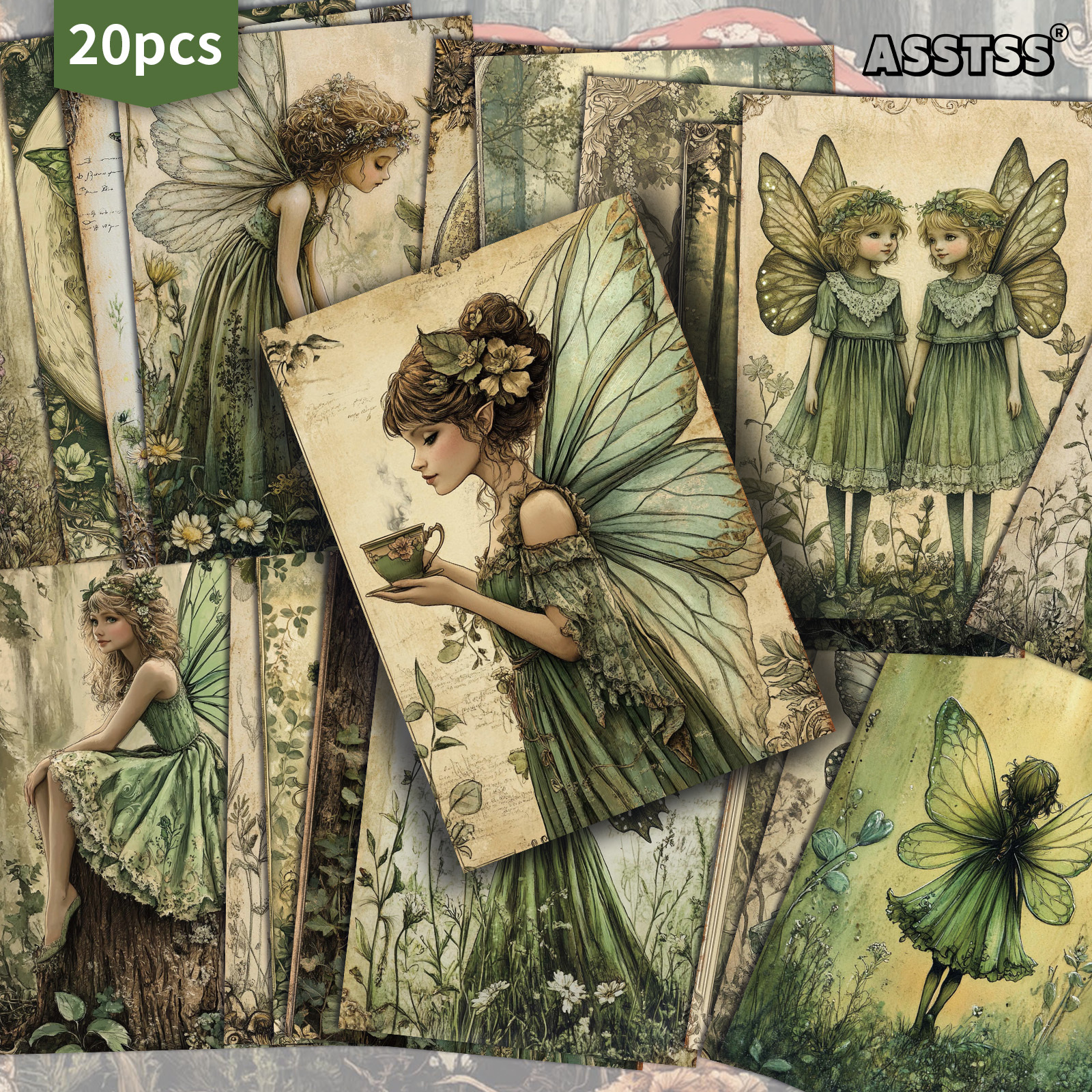 TEMU 20 stuks ASSTSS Retro Junk Journal Kaarten Geschikt voor Scrapbooking & Knutselen - Vintage Pinup met Elfen, Feeën, Dwergen, Verzamelbare