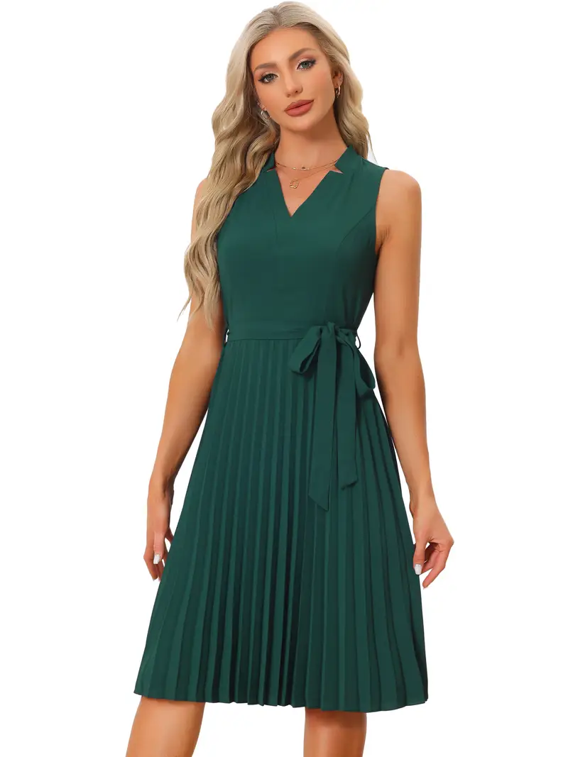 pleated dress womens sleeveless v neck tie waist a line midi - Temu pleated dress womens sleeveless v neck tie waist a line midi - Temu