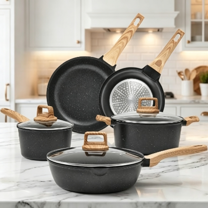 Utensil Sets 8pcs Pots And Pans Set Cookware With Heat-resistant Handles & Glass Lids, Induction Compatible Frying Pan Saucepan Stew Pot For Home Kitchen Cooking