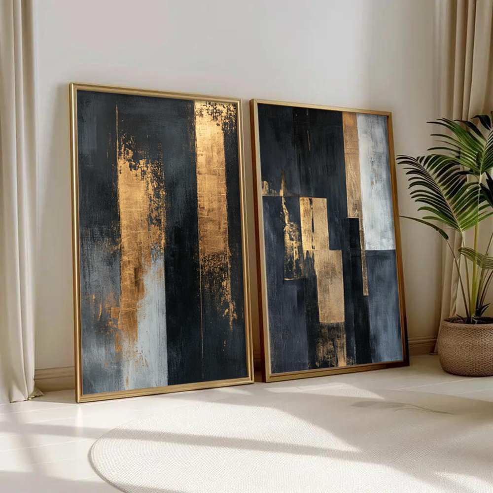 TEMU 2d Flat, 2d Flat, Set Of 2 Unframed Abstract Wall Art Pieces Featuring An Urban Aesthetic, Monochrome Color Scheme, Geometric Designs, And Cozy