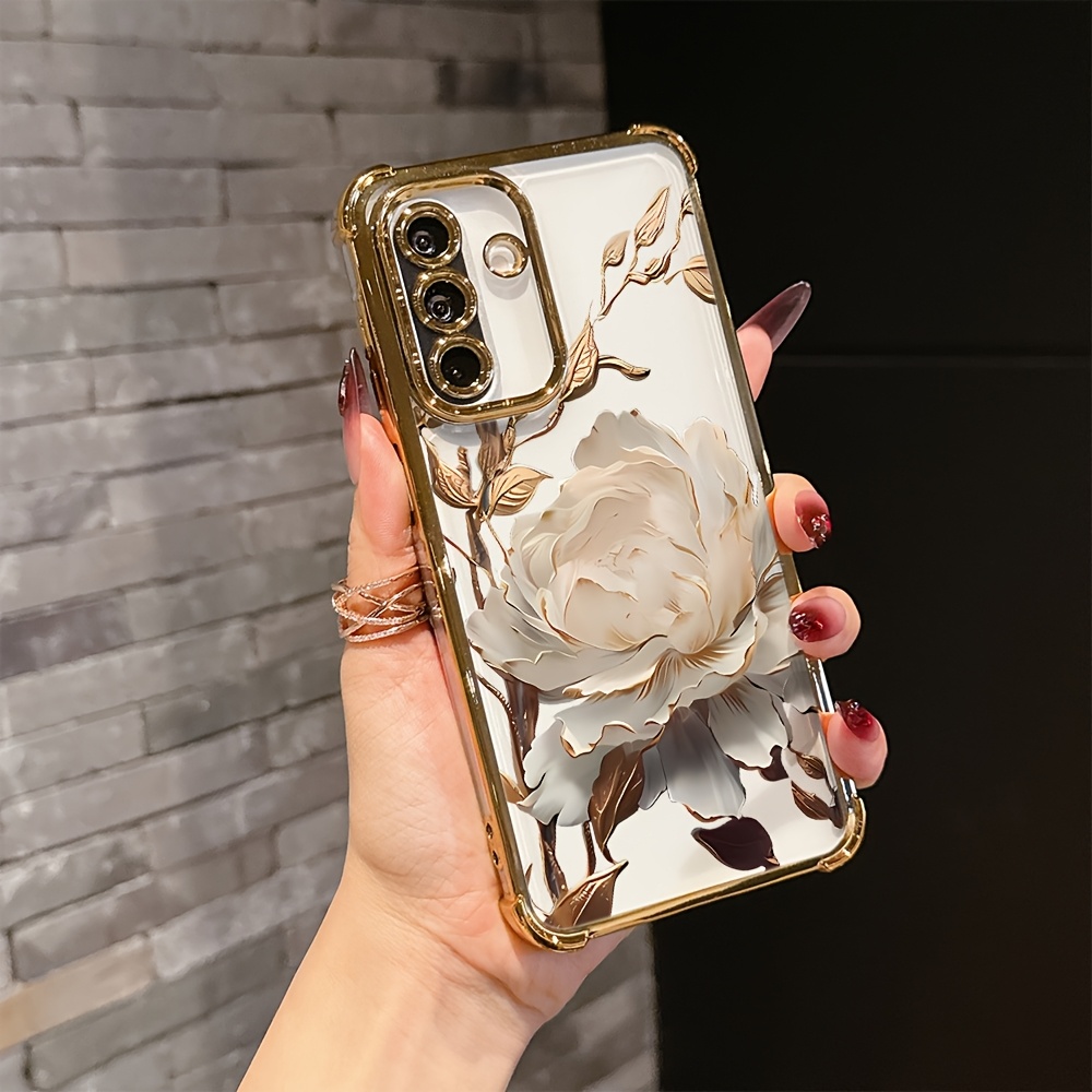 Image of Phone Case: Transparent Electroplated 4 Corner Air Cushion Tpu Shell, Elegant Golden Print, For Galaxy S22, S23, S24, S25, S26 Plus, Ultra, S23 Fe, S24 Fe, S25 Edge