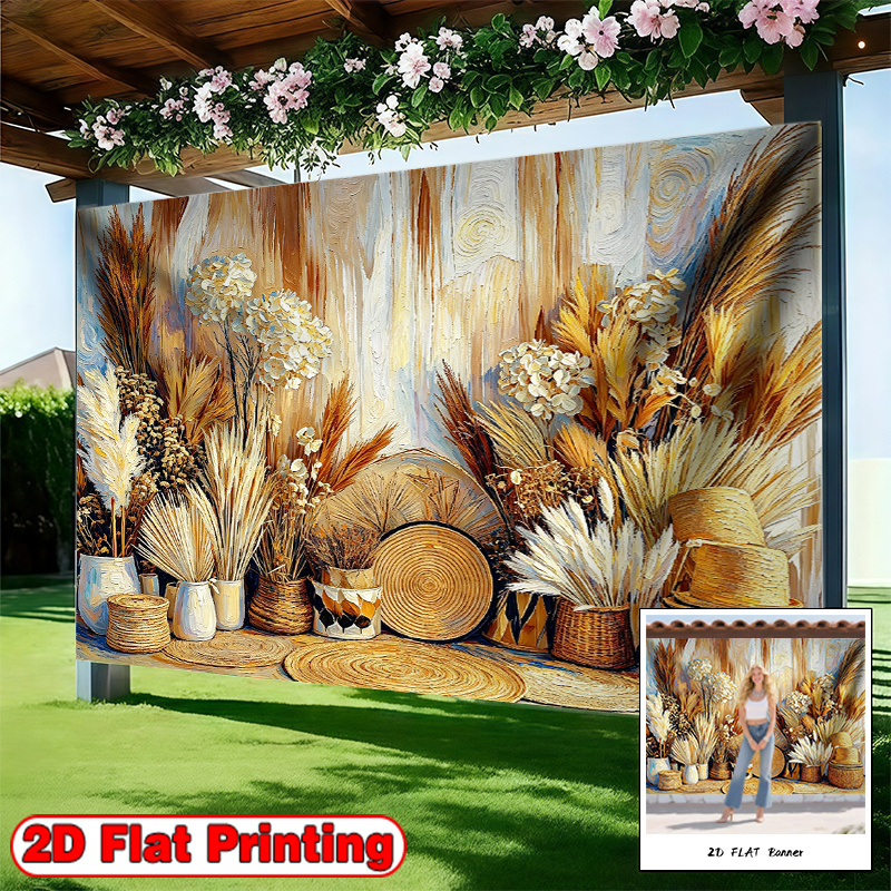 Dried Pampas Grass and Wicker Baskets Banner Backdrop for Events