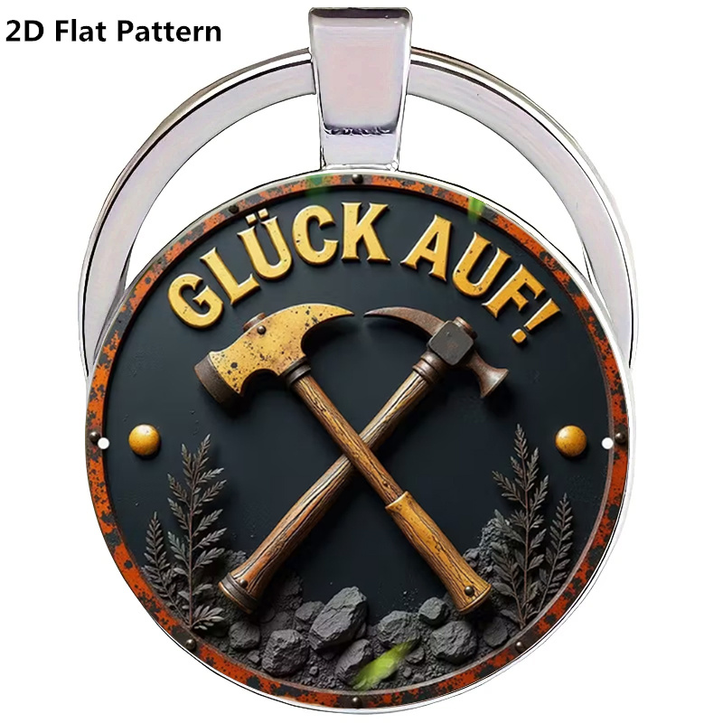 2d Flat - 1pc Vintage German Mining-themed Keychain | "glück Auf" Axe & Design - Heavy-duty Black & Golden Retro Print - Perfect Gift For Mining Enthusiasts & German Lovers - Mining-themed Decoration