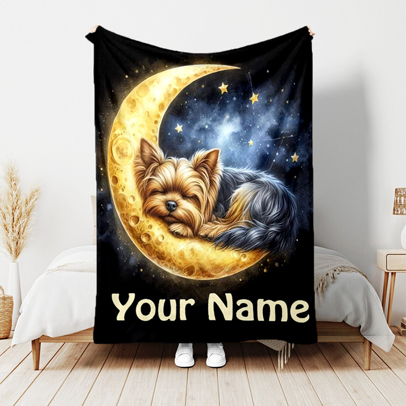 

Custom Name Cozy Flannel Blanket With Sleeping Yorkshire Dog & Design - Soft, Warm, And Personalized For All - Ideal For Bed, Chair, Or Travel - Gift For , Personalized Blanket,