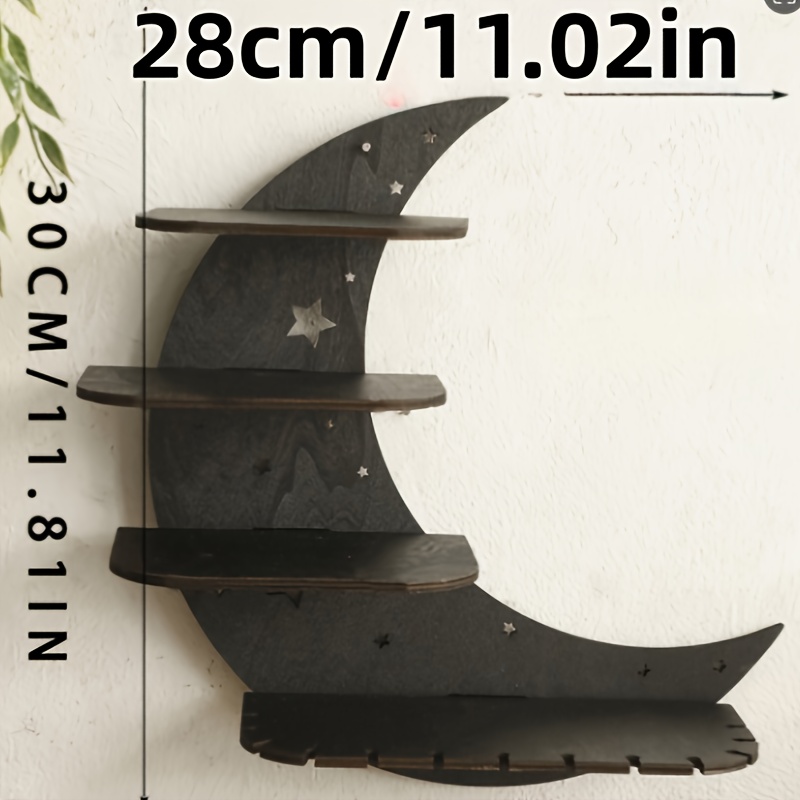 TEMU 1pc Crescent-shaped Wooden Wall-mounted Shelf, 4-tier Partition Design, Hanging Storage Rack, Suitable For Candlestick Crystal Display, Bohemian