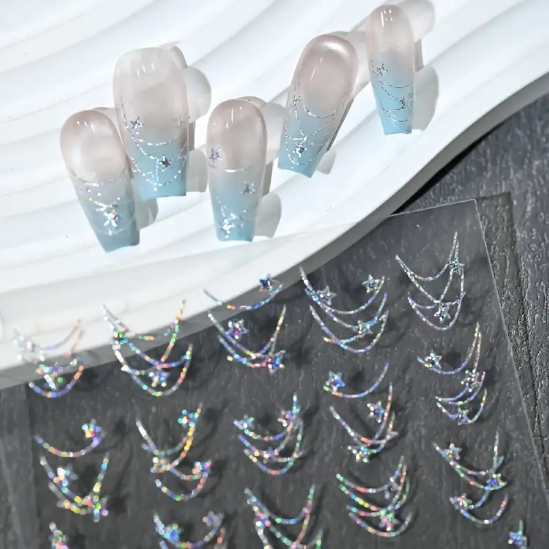 Star Chain Nail Stickers, Aurora Golden And Silvery Thread Stars, Chain Nail Art Decals