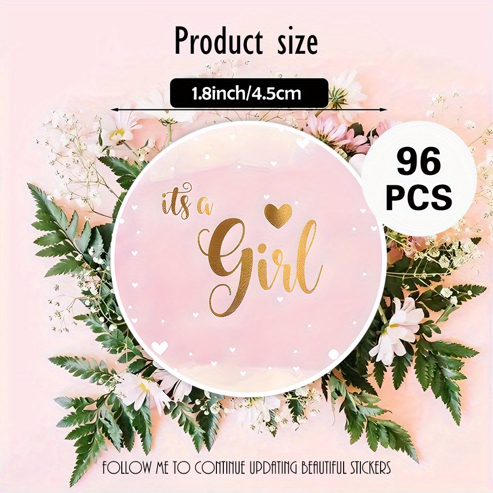 TEMU 48pcs 96pcs About Pink Background, Golden " A Girl" Text And Hearts, Baby - Girl - Themed Round Stickers, Suitable For Baby Cards, Gift Boxes,