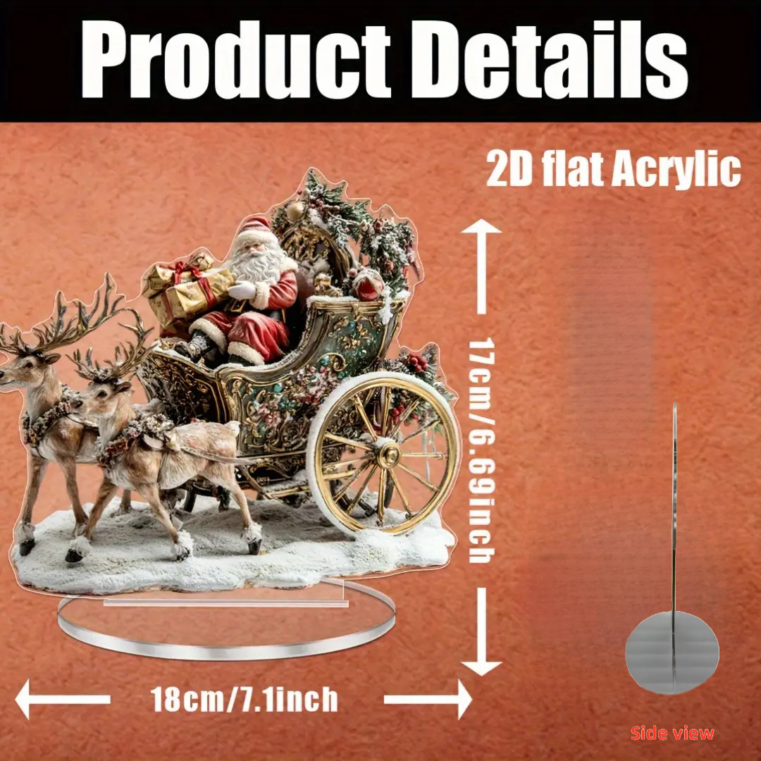 TEMU 2d Flat Christmas Sleigh With Santa Claus Figurine Desktop Decoration - Bohemian Style, Suitable For Christmas And Halloween In Homes, Cafes,