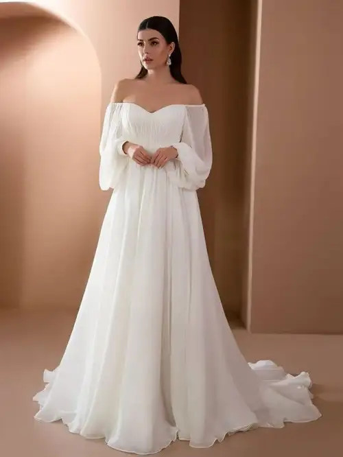 2025 New Women'S Fashion: One-Shoulder Long-Sleeved Dress for Weddings And Parties, Featuring a Solid Color Chiffon Long Skirt 2025 New Women'S Fashion: One-Shoulder Long-Sleeved Dress for Weddings And Parties, Featuring a Solid Color Chiffon Long Skirt
