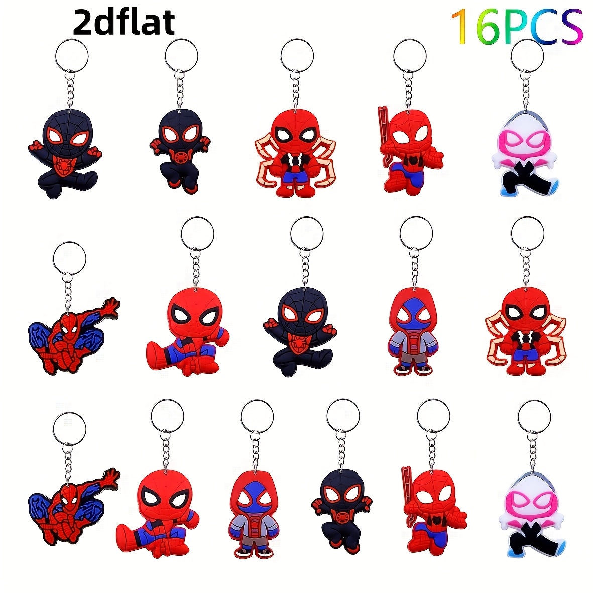 16pcs Spider-man Superhero Collection, Featuring 2d Flat Cool Avengers Animated Hero Pvc Keychains For Backpacks And Car Pendants, Perfect As Backpack Additions