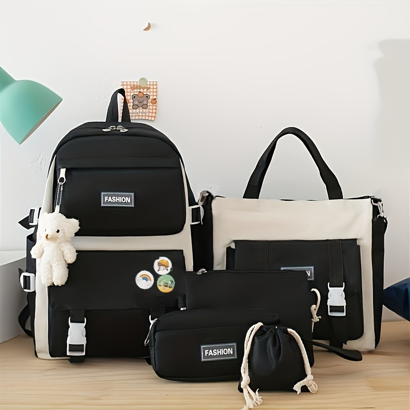 Image of 5pcs Kawaii Backpack Set With Plush Bear And Badge, Includes Coin Purse, Pencil Case, And Tote Bag. Bear, Badge, And Stitching May Slightly Between Batches