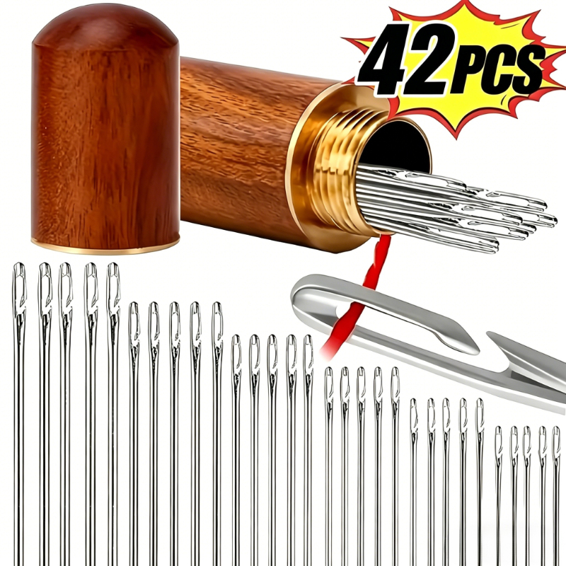 42pcs Easy-thread Sewing Needle Set With Automatic Threader, Stainless Steel, Silvery - Suitable For The Elderly
