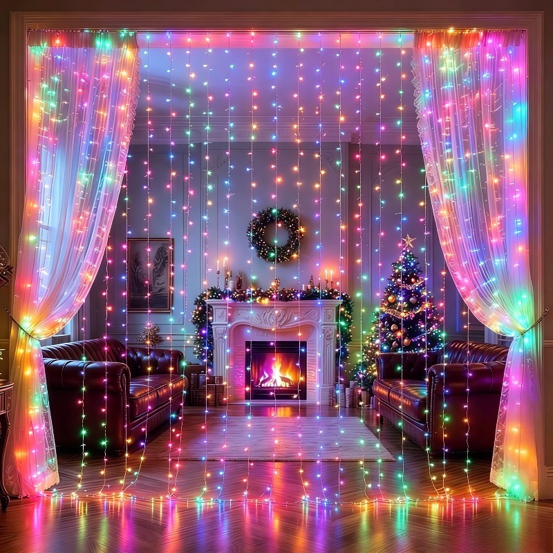 TEMU 1 pièce, Rideau lumineux de 300 LED colorées de 9,8x9,8 pieds alimenté par USB avec 8 modes clignotants - Guirlande lumineuse d'intérieur pour