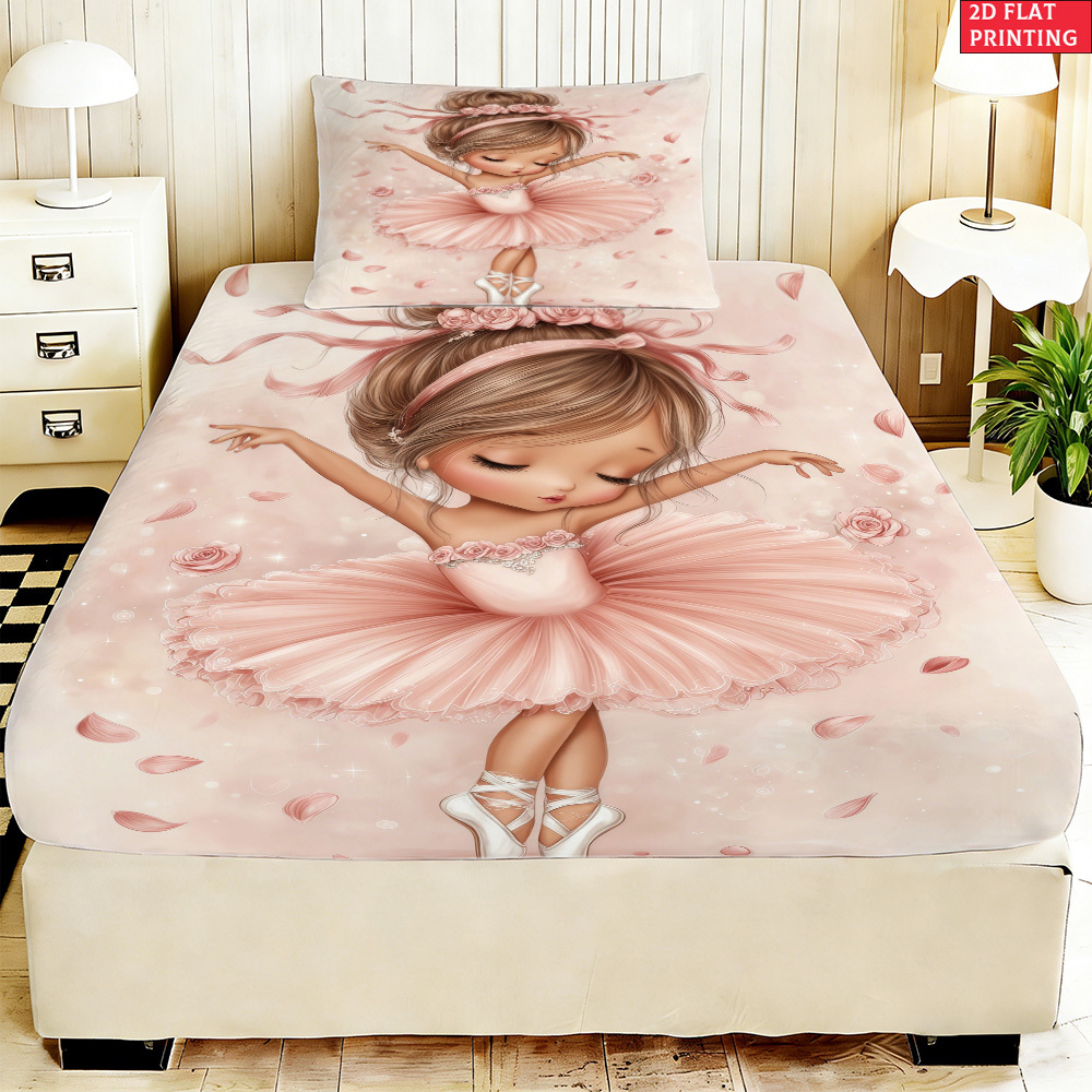 TEMU 2/3pcs Drap-housse Imprimé 2D Rose Tutu Ballerine Impression HD, Literie pour Décoration de Chambre (1 Drap-housse et 1/2 Taies d'Oreiller,