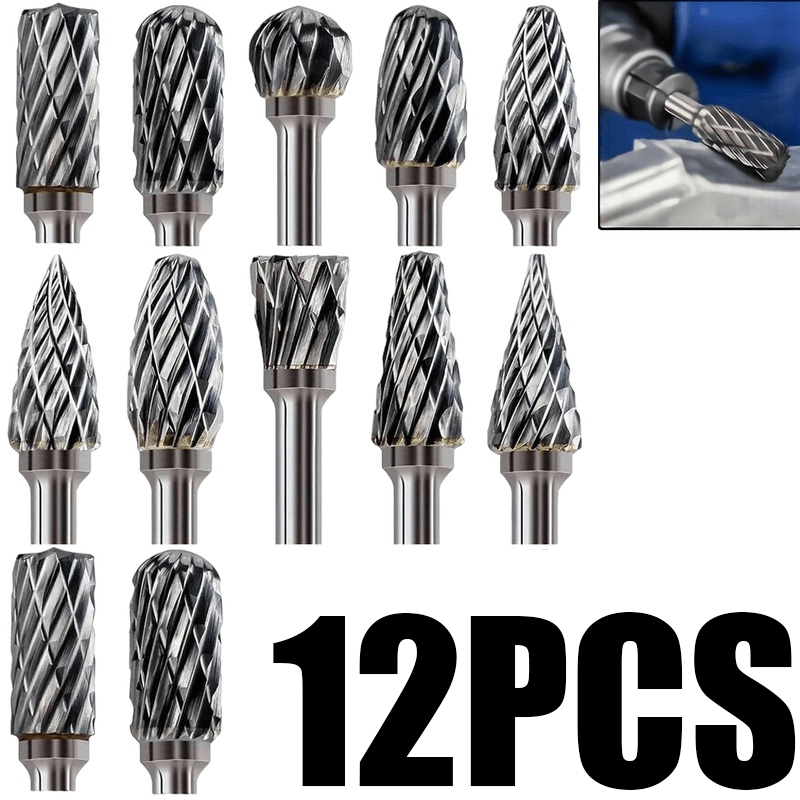 TEMU 12pcs Burr Set With 3mm Shank, Rotary Cutters For Grinding, Polishing, And Engraving On Wood, Metal, Stone, And Tile - Compatible With Electric