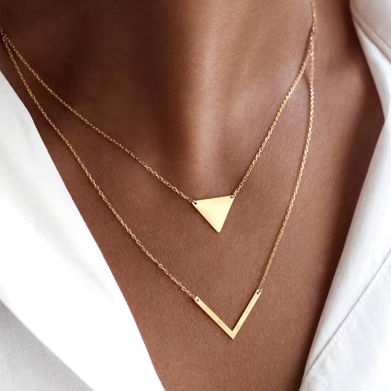 TEMU 2pcs Simple And Elegant V-shaped Triangle Women's Fashion Necklace Set, Gift For Daily Wear, Dates, Vacations, And Parties