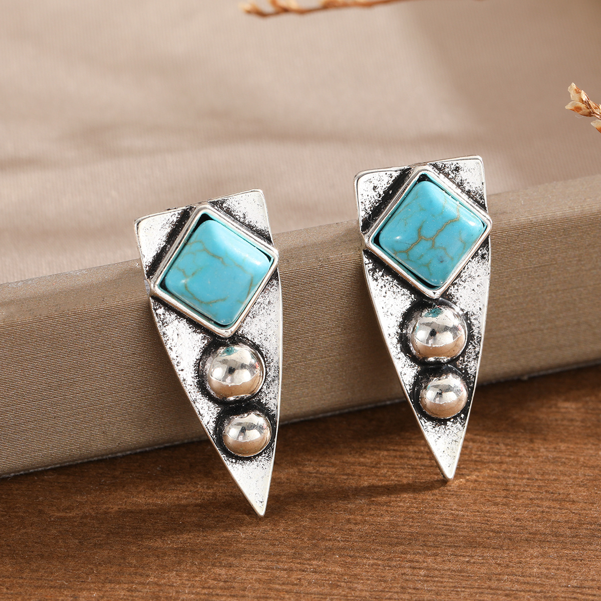 TEMU Bohemian Ethnic Style Triangular Inlaid Synthetic Turquoise With Three-dimensional Round Bead Women's Pendant Earrings, Suitable For Parties,