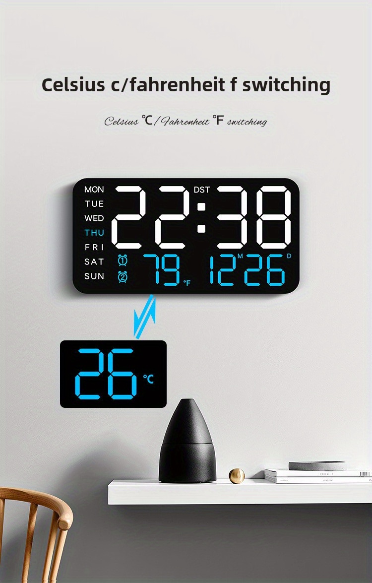 LED digital wall clock with temperature display, date and working day - dual alarm clock, 12/24-hour format, perpetual calendar, rectangular, battery powered (AAA) - perfect for bedroom decoration
