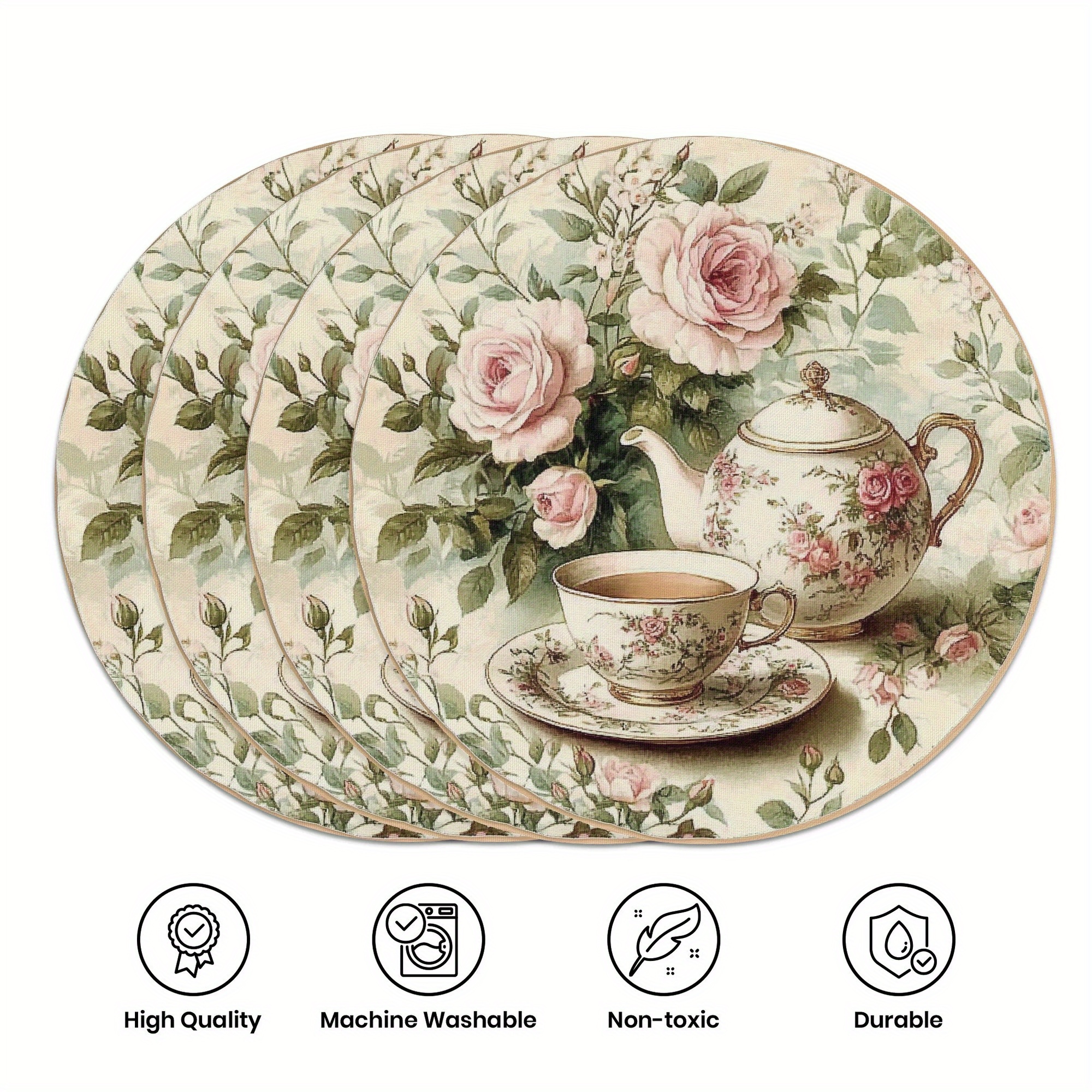 

4pcs Spring Placemats, Pink Floral Round Table Mats For Home Decor Non-slip Washable Place Mats For Daily Banquet Party Dining Table Decoration 15