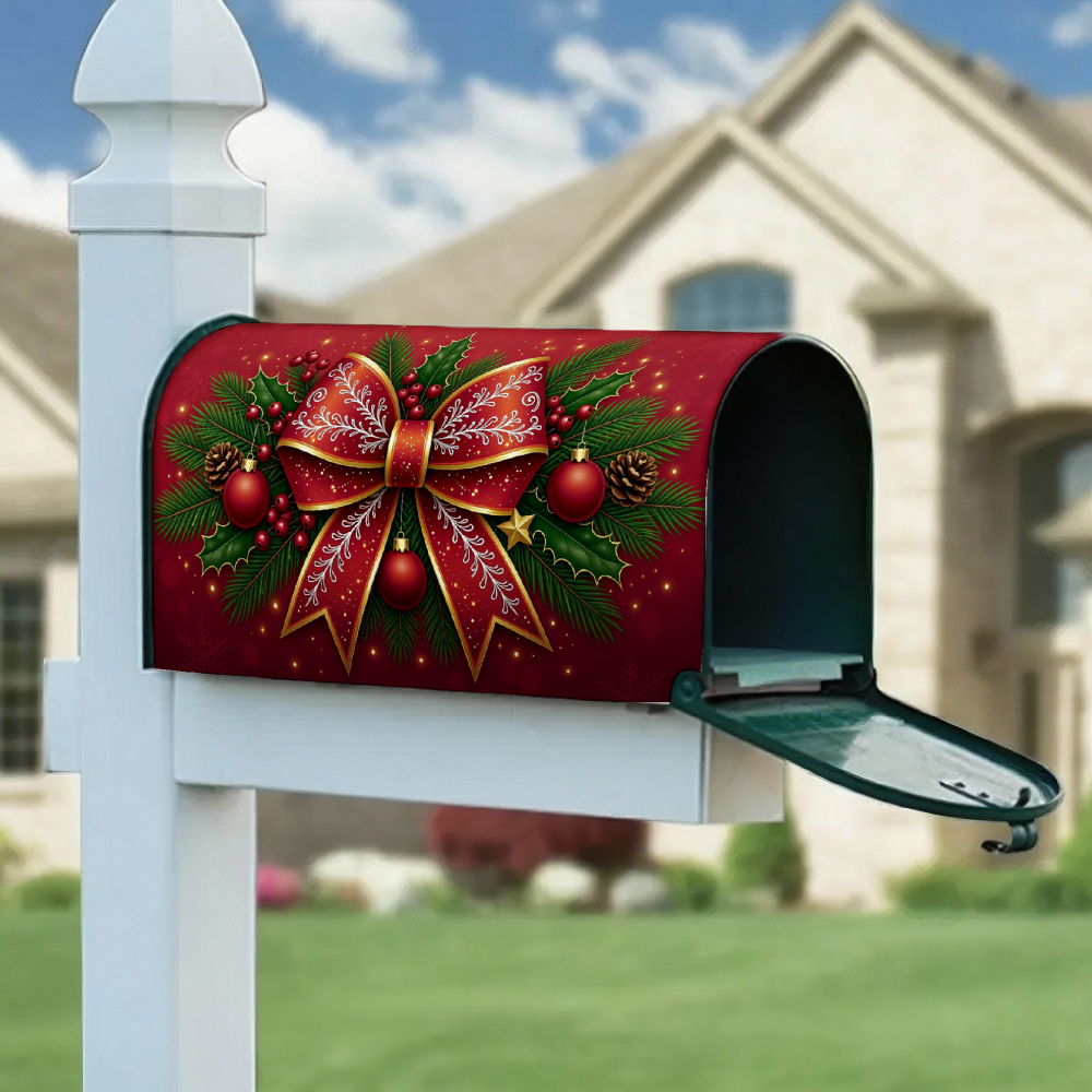 TEMU 1pc Merry Christmas Mailbox Cover, Winter Christmas Holiday Mailbox Sleeve, Christmas Ball Bow Holly Leaf Snowflake Mailbox Post Decoration,