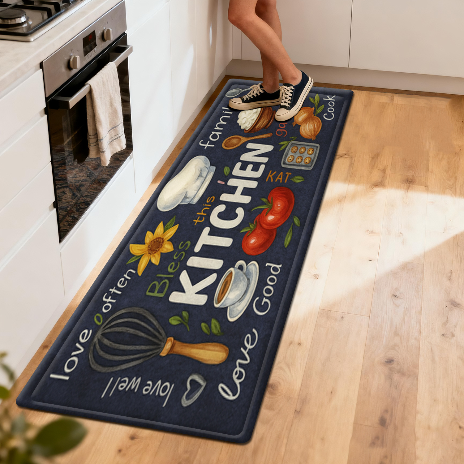 TEMU 1pc Kitchen Runner Rug, Home Decoration Laundry Room Entrance Doormat, Bathroom Toilet Entrance Absorbent Non-slip Floor Mat, Black Background