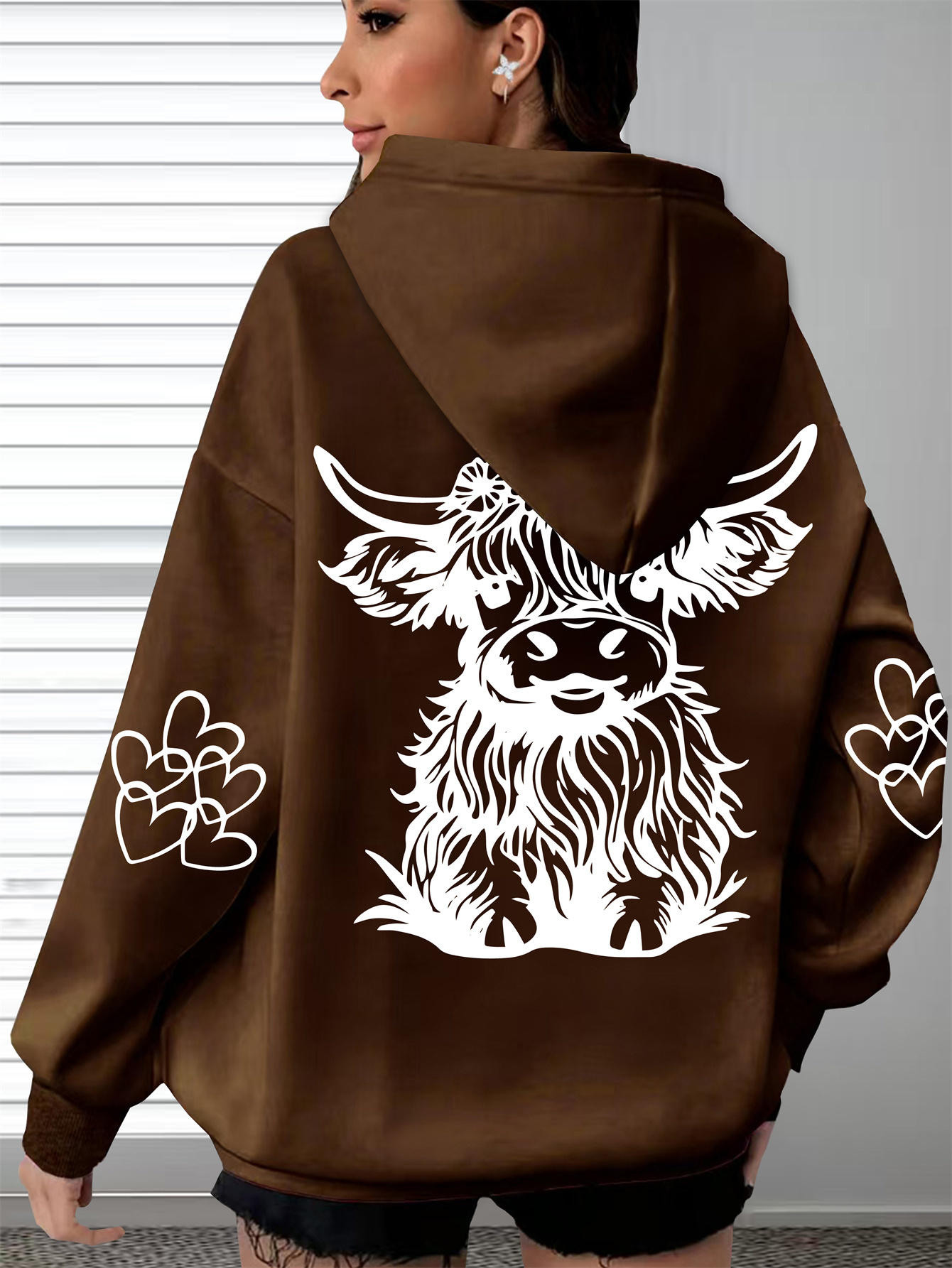 womens oversized cozy hoodie with highland cow print paw   soft long sleeve pullover brown polyester casual wear for everyday   details 10