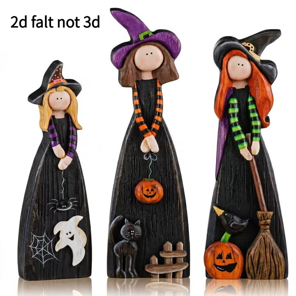 TEMU 3pcs Wooden Halloween Witch Tabletop Decoration Set, Cute Wooden Centrepiece, Rustic Farmhouse Style, Autumn, Thanksgiving, Halloween And Decor.