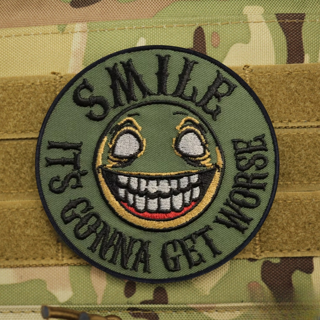 

Embroidered Hook-and-loop Morale Patches For Tactical Use, Military Armbands, And Backpack Stickers. Smile! Things Are About To Get With This Humorous Badge.