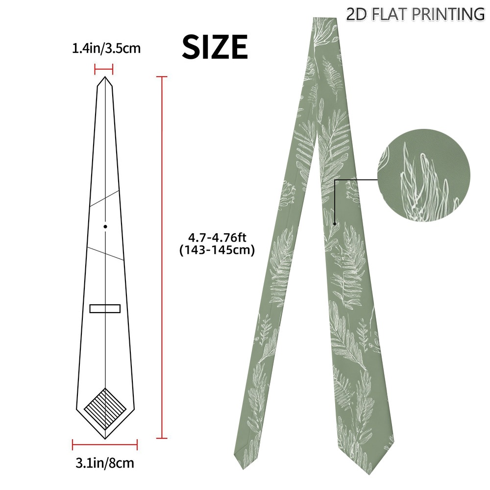 TEMU 1pc Sage Green Botanical Sketch Bloom Print Tie - Soft, Stylish, And Comfortable, Ideal For Weddings, Parties, And Casual Outfits
